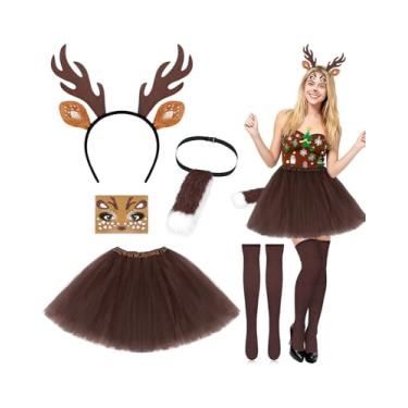 Imagem de Yotako 5 peças de fantasia de rena para adultos, fantasias de veado com faixa de cabeça de chifre de rena, adesivo de rosto de veado, saia tutu de cauda, meias, roupas chiques de Natal de Halloween
