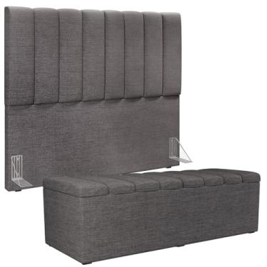 Imagem de Kit Cabeceira Cama Box Casal 140cm Calçadeira Recamier Baú Dália W01 Linho Cinza Escuro - Lyam Decor