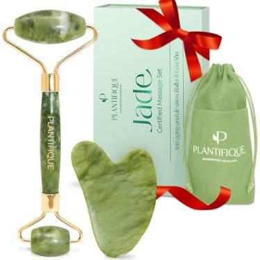 Imagem de PLANTIFIQUE Conjunto de Rolos de Jade Ferramenta de Escultura Facial Gua Sha Para Sua Rotina de Cuidados Com a Pele - Jade Gua Sha