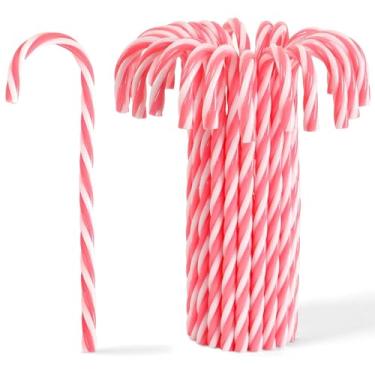 Imagem de JUNEBRUSHS 50 peças de bengala doce de Natal rosa e branco bengalas doces de plástico menta enfeite de pendurar árvore de Natal enfeites de bengala doce para presente de Natal, decoração de férias