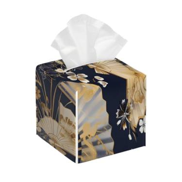 Imagem de Suporte quadrado de couro para caixa de lenços de papel, impermeável, étnico, flor japonesa, organizador de papel facial com cinto inferior, estojo de lenços para mesa, banheiro, escritório, mesa