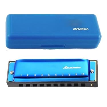 Imagem de Gaita profissional chave de gaita C 10 furos polifonia diatônica harpa com capa para azul (azul)