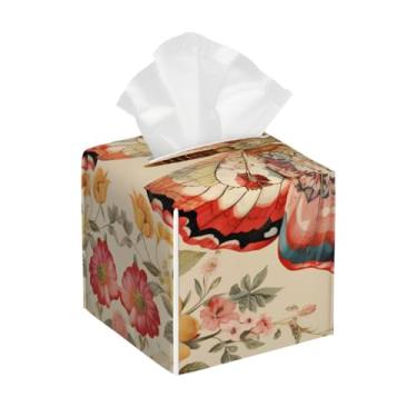 Imagem de Porta-lenços de papel quadrado de couro impermeável borboleta vintage peônia facial organizador de papel com cinto inferior cubo estojo de lenços para mesa banheiro escritório mesa carro decorativo