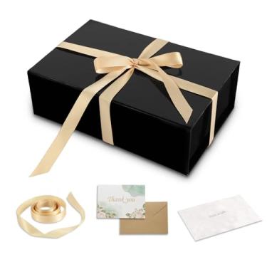 Imagem de CANIYA Caixa de presente preta 28 cm x 7,5 cm x 9 cm com tampa magnética, caixa de presente brilhante para presentes inclui cartão grande e envelope, fita, papel de forro para aniversário, dia dos