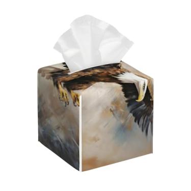 Imagem de Capa quadrada de couro para caixa de lenços à prova d'água, pintura de águia, animal, retrô, organizador de papel facial com cinto inferior, estojo de lenços para mesa, banheiro, escritório, mesa