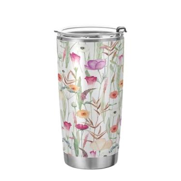 Imagem de xigua Copo de flores silvestres de jardim aquarela com tampa de palha, caneca de viagem a vácuo de parede dupla, caneca de café bem isolada, copo de aço inoxidável para bebidas quentes e frias, 600 ml