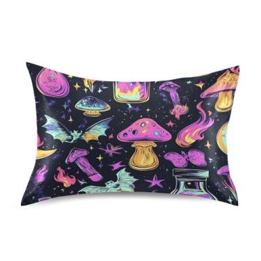 Imagem de Blueangle Fronha de cetim com caveiras de cogumelos coloridos para cabelo e pele, tamanho padrão (51 x 66 cm) - Capas de almofada de cetim com fecho de envelope (282)