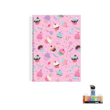 Imagem de Kit Caderno Feminino 10 Matérias Capa Dura 200 Folhas + Caneta Esferográfica Spiro + Marca Texto Boss