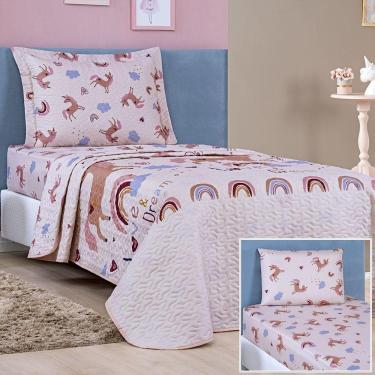 Imagem de Enxoval Kit Colcha + Jogo De Cama Lençol Bouti Solteiro Infantil Kids 4 Peças 100% Poliéster - Unicórnio