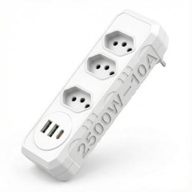 Imagem de Extensão Tomada, 3 Tomadas e 2 Saídas USB e 1 Saída Tipo C, Botão de Liga e Desliga, Régua Com Filtro de Linha, Protege Seus Dispositivos Contra Curtos e Sobrecargas, 110V a 220V, Até 2500W