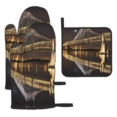 Imagem de New York Manhattan Bridge Night – Conjunto de cozinha essencial com 3 peças, luvas resistentes ao calor e alça de tampa, proteção para churrasco no forno, design de armazenamento suspenso.