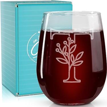 Imagem de On The Rox Drinks Presentes com monograma para mulheres e homens - Letra A-Z com monograma gravado com inicial taça de vinho sem haste - Presentes de vinho personalizados de 500 ml para mulheres e