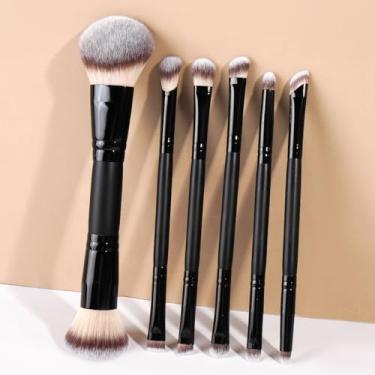 Imagem de Conjunto de 6 pincéis de maquiagem de rosto inteiro, cerdas sintéticas para base, blush, sombra e contorno (preto)