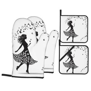 Imagem de Conjunto de luvas de cozinha estampadas para meninas com suportes de tampa, luvas de forno resistentes ao calor para manusear panelas quentes, grelhar, churrascos, kit de 4 peças.