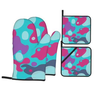Imagem de Lindo conjunto de luvas de cozinha estampadas com suportes de tampa, luvas de forno resistentes ao calor para manusear panelas quentes, grelhar, churrascos, kit de 4 peças.