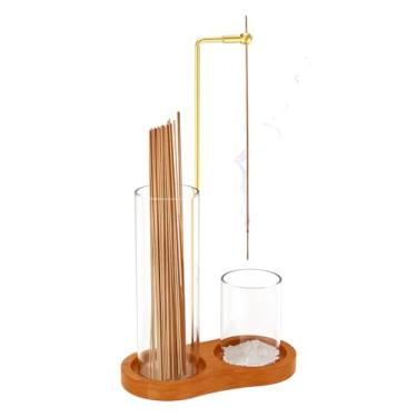 Imagem de Suporte de incenso para bastões, resistente e durável, suporte de incenso de madeira para palitos com apanhador de cinzas de vidro, queimador de incenso voador anticinzas para meditação, ioga, spa