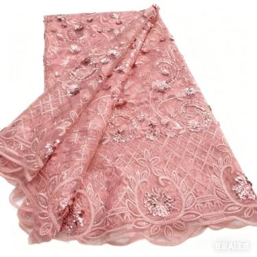 Imagem de Gdsshuhung Tecido de renda africana com lantejoulas 3D e crochê, 5 jardas de tule francês tecido bordado para vestido de casamento, vestido de festa, projetos de costura todos os dias (rosa)
