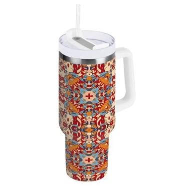 Imagem de Kigai Copo de 850 g com alça, copos isolados com padrão de cerâmica mexicana com tampa e canudo, garrafa de água esportiva de metal grande, caneca de café de viagem de aço inoxidável