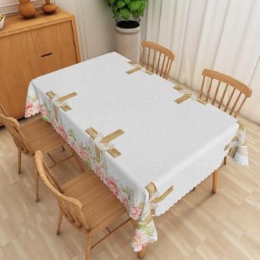 Imagem de Umpoo Toalha de mesa retangular com cruz de Páscoa, 152 x 213 cm, cruz cristã, primavera, rosa, floral, ressurreição, toalha de mesa decorativa de linho para festival, sala de jantar, cozinha, festa