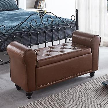 Imagem de FAMEOYA Banco otomano de armazenamento armado de couro PU, banco de armazenamento de braço enrolado, moderno banco de cama tufado, banco de entrada, banco de madeira para sofá, apoio para os pés