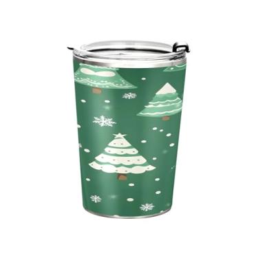 Imagem de YETTASBIN Copo de árvores de Natal com tampa de palha, copo de aço inoxidável de 350 ml, parede dupla, isolada a vácuo, caneca de café de viagem para bebidas quentes e frias