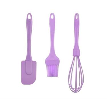 Imagem de Kit Confeiteiro 3 Peças em Silicone, Conjunto com Espátula 23,5cm, Pincel 21cm e Batedor 25cm para Confeitaria, Utensílios de Cozinha (ROXO)