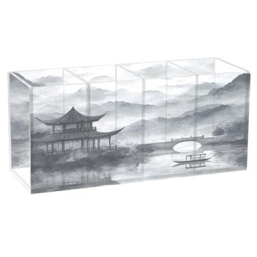 Imagem de Burbuja Suporte de caneta de acrílico para paisagem de pintura de tinta chinesa, 4 compartimentos, suporte de lápis transparente para pincel de maquiagem estacionário, acessórios de mesa de escritório