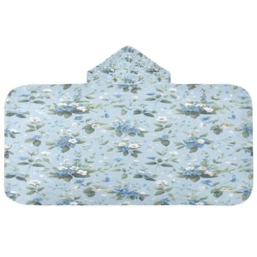 Imagem de Burbuja Toalha de banho com capuz de flores azuis para crianças, toalha de praia de pelúcia macia absorvente para chá de meninas e meninos 3-10 anos, 61 x 127 cm