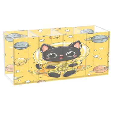 Imagem de CEBUGI Porta-lápis de acrílico transparente com 4 compartimentos, organizador de pincéis de maquiagem de gato preto para casa, escritório, armazenamento de mesa