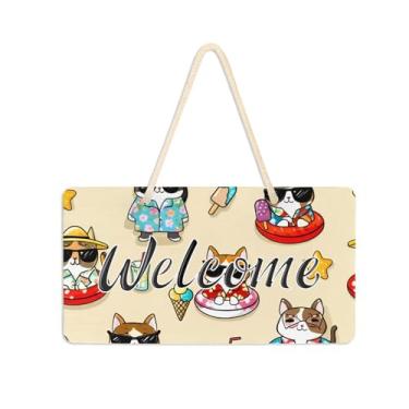 Imagem de Burbuja Placa de boas-vindas com desenho animado de gatos e cães para porta da frente, placa de boas-vindas de PVC para decoração de férias, 15 x 28 cm