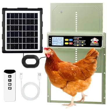 Imagem de Porta automática de galinheiro alimentada por energia solar com temporizador, sensor de luz, controle remoto, visor LCD, liga de alumínio, 4 modos automáticos, porta larga para galinheira