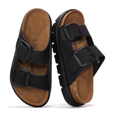 Imagem de Project Cloud Sandálias femininas de couro genuíno com plataforma - Sandálias femininas grossas com palmilha de espuma viscoelástica e palmilha de cortiça (GREECECHUNKY), Preto monocromático, 38