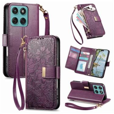 Imagem de Monwutong Carteira com zíper para Motorola Edge 60 Fusion, capa de couro com estampa de flores com compartimentos para cartão múltiplo e fecho magnético duplo com cordão bolsa de mão para Moto Edge 60