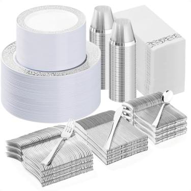 Imagem de Bestluck Conjunto de louça de plástico prata 700 peças para 100 convidados, pratos descartáveis para festa, inclui 100 pratos de jantar, 100 pratos de sobremesa, 100 conjuntos de talheres prateados