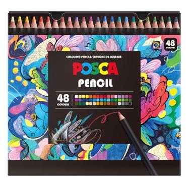 Imagem de Posca Lápis de cor, núcleo macio, cores sortidas, 48 unidades - durável, vibrante, ultra-suave, para colorir para adultos, desenho, esboços, artes e artesanato