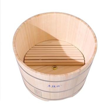 Imagem de Banheira redonda de madeira tradicional japonesa Hinoki – ecológica, durável e relaxante (cor de madeira natural - espessura do barril de 4 cm, 80 cm (31,5 polegadas))