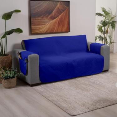 Imagem de Protetor Capa de Sofá 2 3 e 4 Lugares Com Bolso Porta Objetos Matelado 170 Fios Resistente (Azul,4 Lugares (Assento 2,20m))