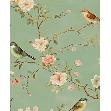 Imagem de Laatse Papel de parede floral verde descasque e cole papel de parede pássaro rosa flor rosa papel de contato 44,5 cm × 299,7 cm vinil impermeável autoadesivo vintage papel de parede para quarto