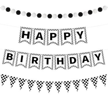 Imagem de Fuyoooo Conjunto de 4 decorações guingão feliz aniversário faixa xadrez xadrez flâmula bola de feltro guirlanda para piquenique churrasco tema chá de bebê festa decoração de fundo ()
