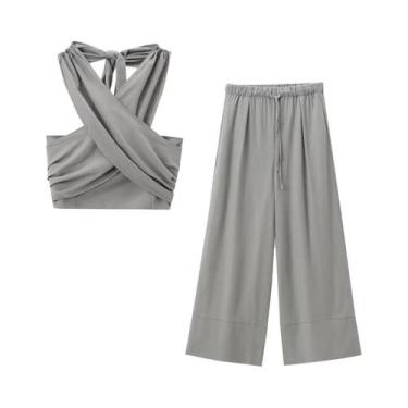 Imagem de Conjunto De Top Cropped Sem Mangas Em Caqui E Calças De Cintura Alta C