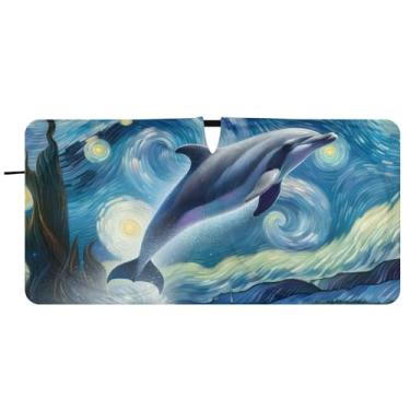 Imagem de Toldo de sol personalizado azul noturno estrelado golfinho para para-brisa de carro protetor solar dobrável para para-brisa dianteiro de carro impressões de animais, 81 cm x 157 cm