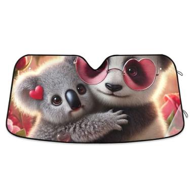Imagem de Sweet Panda Koala Love Vibes Para-brisa de carro Toldo de sol bonito personalizado dobrável Auto Car Shade para para-brisa dianteiro impressão animal retrátil L, 144.8 cm x 80.0 cm