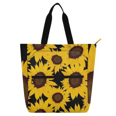 Imagem de GAIGEO Bolsas de trabalho pretas com girassóis amarelos brilhantes para mulheres, bolsa de lona com zíper, bolsa de praia para crianças, bolsas fofas para amantes de livros