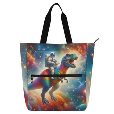 Imagem de Bolsa feminina Astronaut t Rex Rainbow Nebula Bolsa de trabalho de lona bolsa escolar universitária bolsas reutilizáveis para amantes de livros presentes