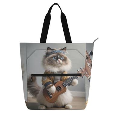 Imagem de Ragdoll Cat Ukulele Funny Kitten Work Tote Bags for Women Canvas Beach Book Bag Zipper Kids Cute Handbags Book Lovers Gifts