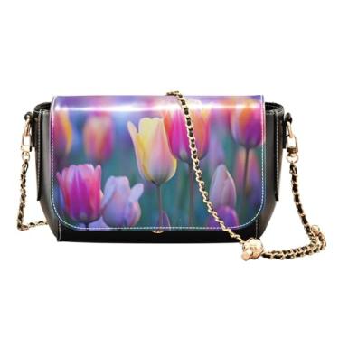 Imagem de Maçãs pretas em uma bolsa transversal de couro leve com padrão branco, bolsas transversais femininas, bolsas tiracolo de couro, Tulipas roxas e rosa florescendo em um campo - 3, One Size