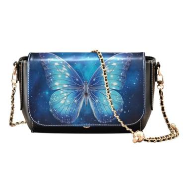 Imagem de Bolsas de ombro femininas pretas com cogumelos e plantas, bolsas de couro transversais para mulheres, Borboleta azul com estrela-3, One Size