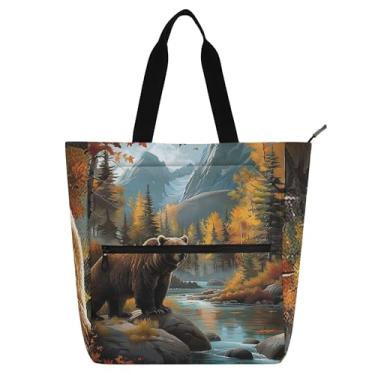 Imagem de GAIGEO Bolsa feminina de urso marrom paisagístico para trabalho, lona, escola, com zíper, bolsas de viagem com compartimentos