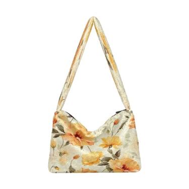 Imagem de Bolsa de ombro feminina floral laranja e amarela em bege, bolsas de ombro com zíper, bolsas de outono, Laranja floral e amarelo em bege - 3, One Size