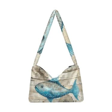 Imagem de Bolsa de ombro feminina Fierce Eyes Behind preta, bolsa de ombro de pelúcia sob o braço, bolsa de ombro com zíper para mulheres, Tábua coral de peixe oceano modelo vintage, One Size